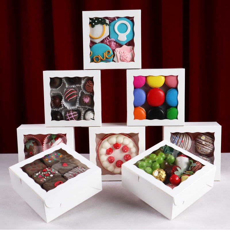 RomanticBaking 20 قطعة من RomanticBaking 6 بوصات × 6 بوصات × 2 صناديق مخبوزات مع علب بسكويت نافذة وصناديق كعك صغيرة وصناديق معكرون وصناديق فطائر وصناديق شوكولاتة الكمأة - Image 4